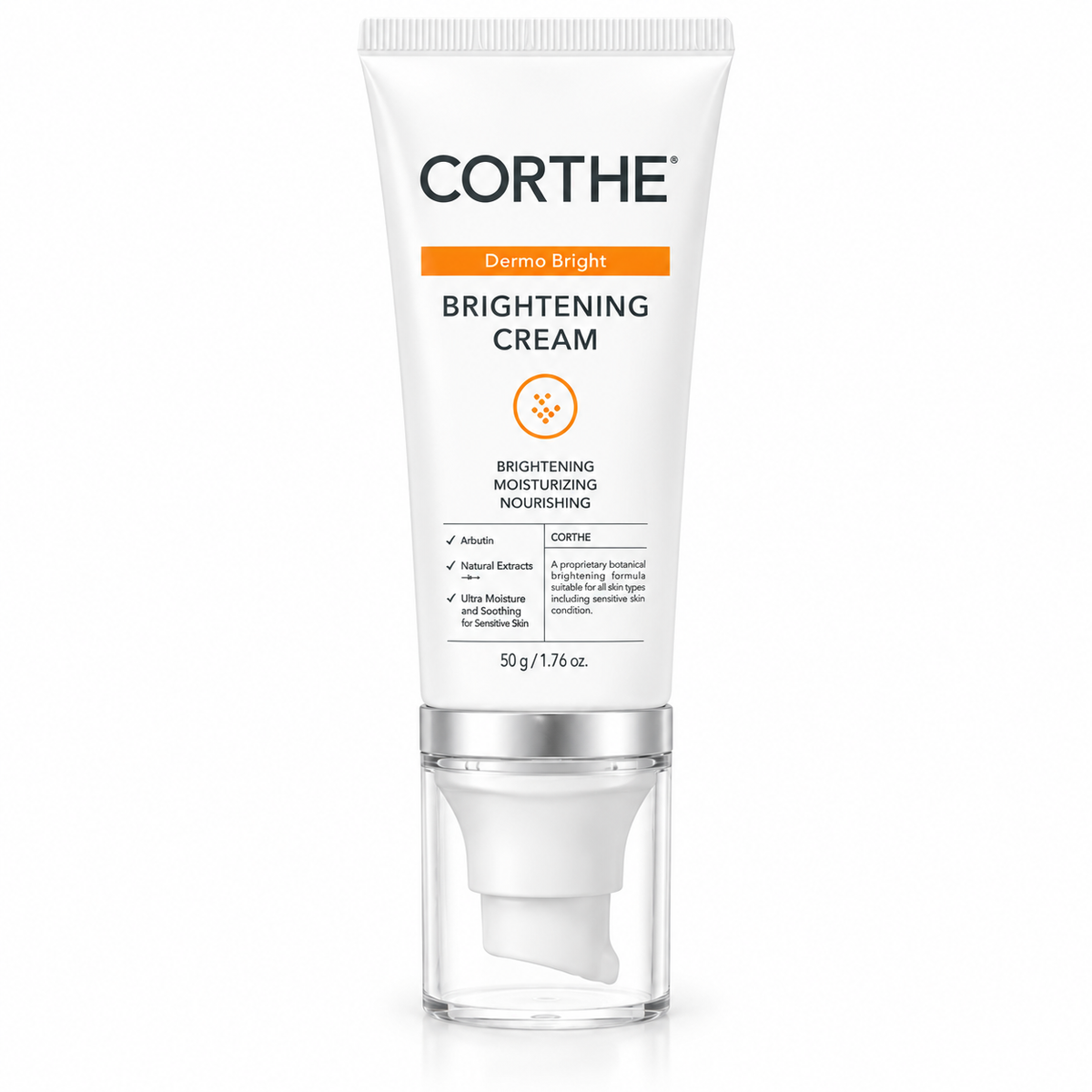CORTHE Dermo Bright Brightening Cream in a white squeeze tube with a clear cap, shown on a clean white background.