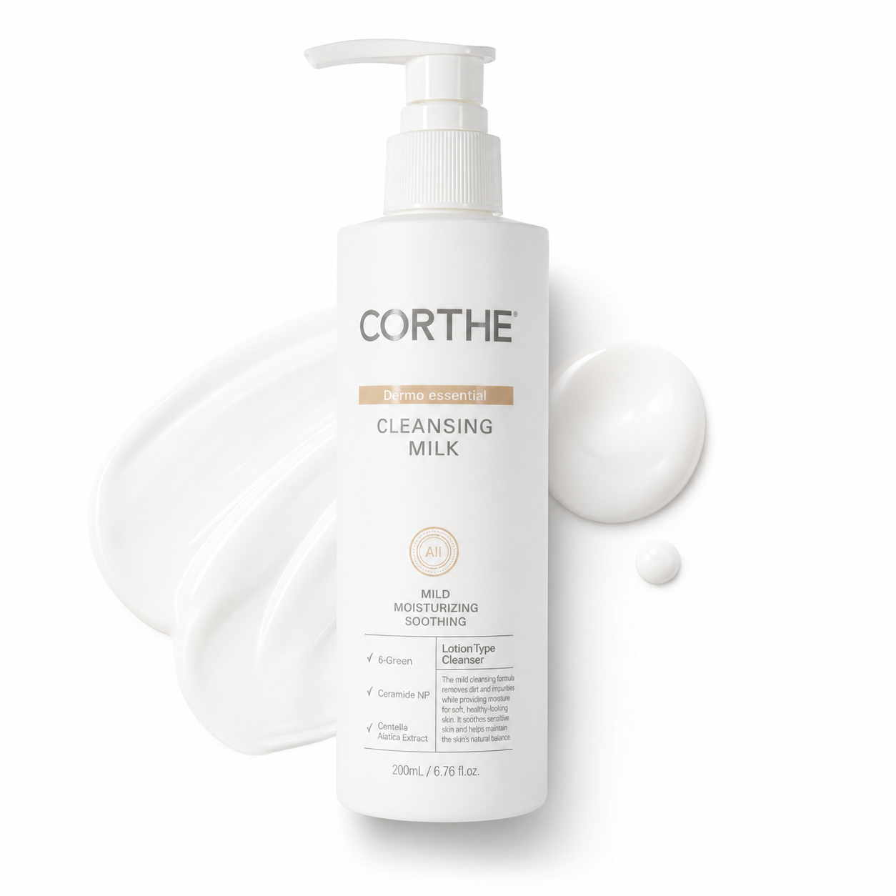 Corthe cleansing milk bottle with pump on a white background