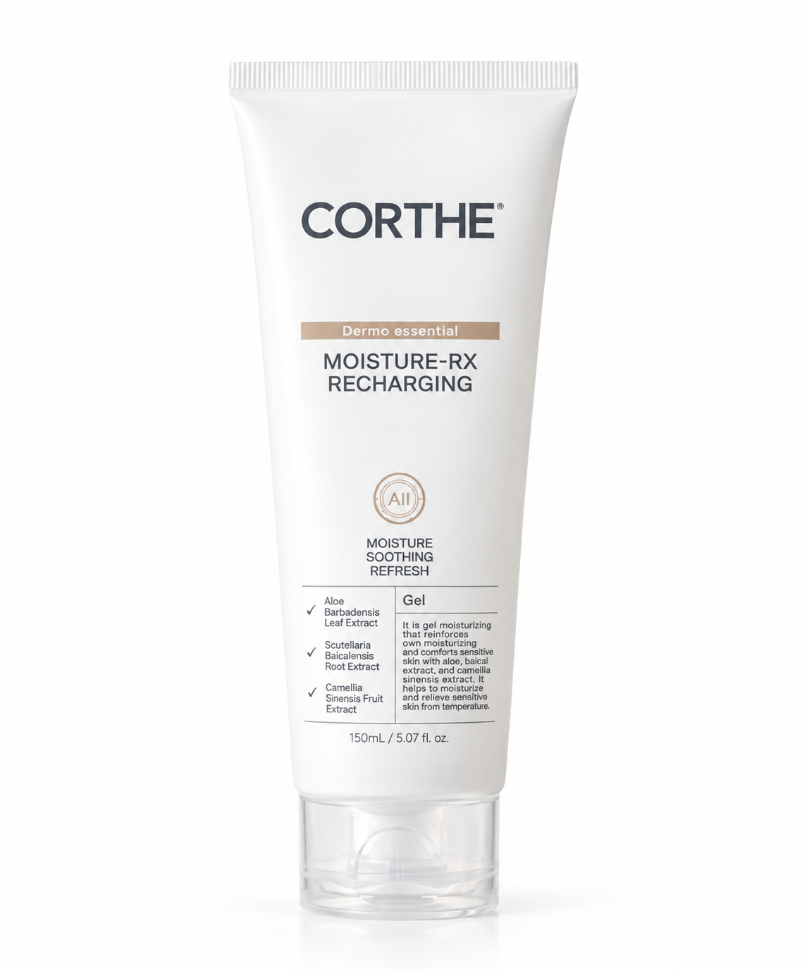 bottle of the corthe moisture-rx recharging moisturizer on a white background 
