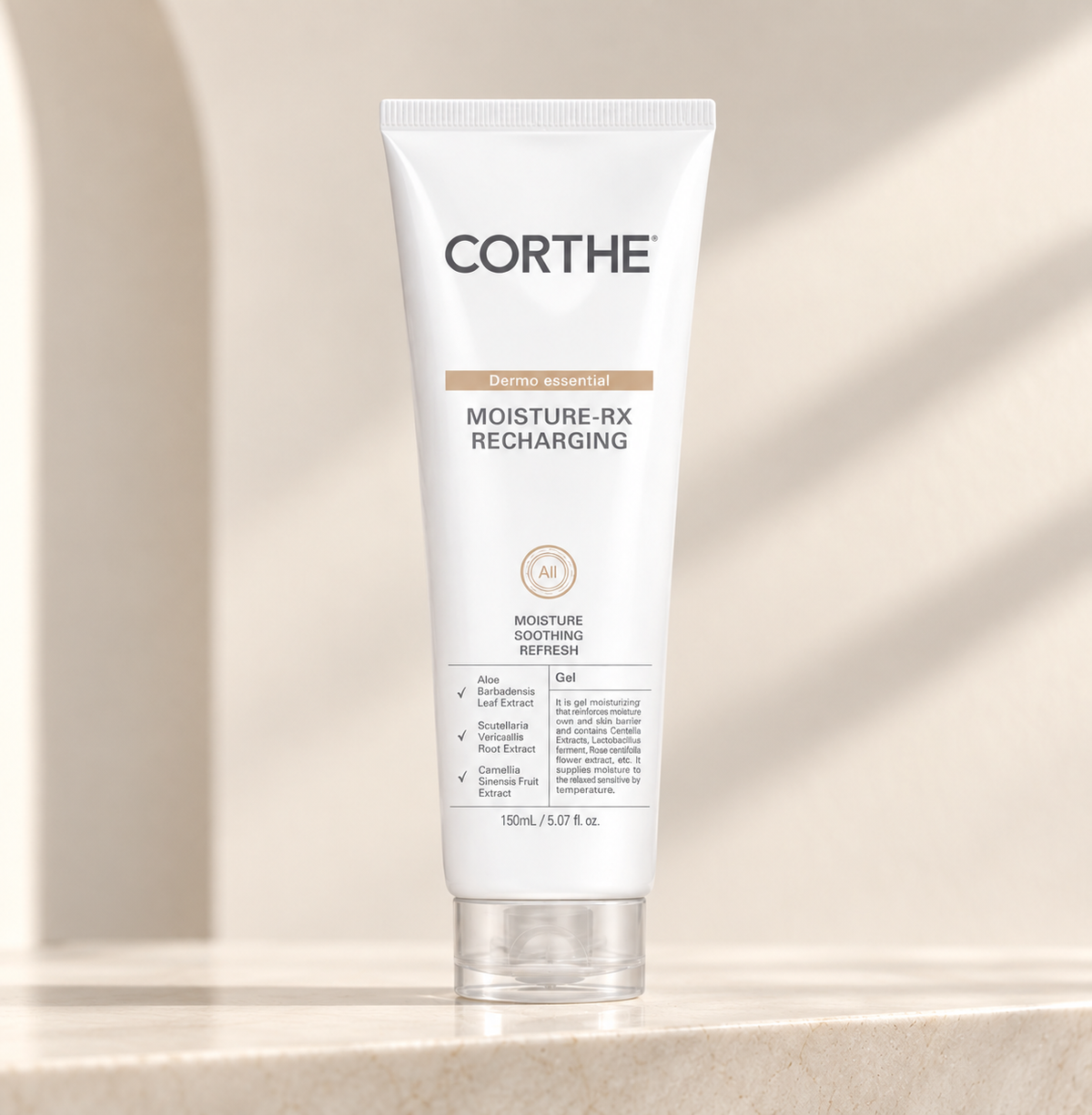tube of the corthe moisture rx-recharging moisturizer on a beige marble background