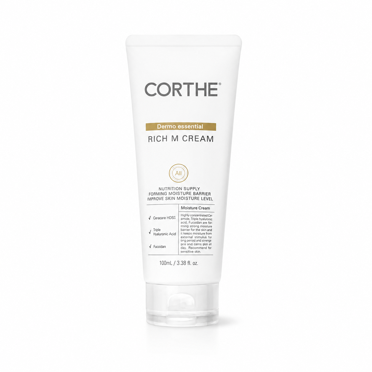 A 100 mL white squeeze tube of Corthe Dermo Essential Rich M Cream, featuring a clear cap and printed black and gold text, set against a plain white background.