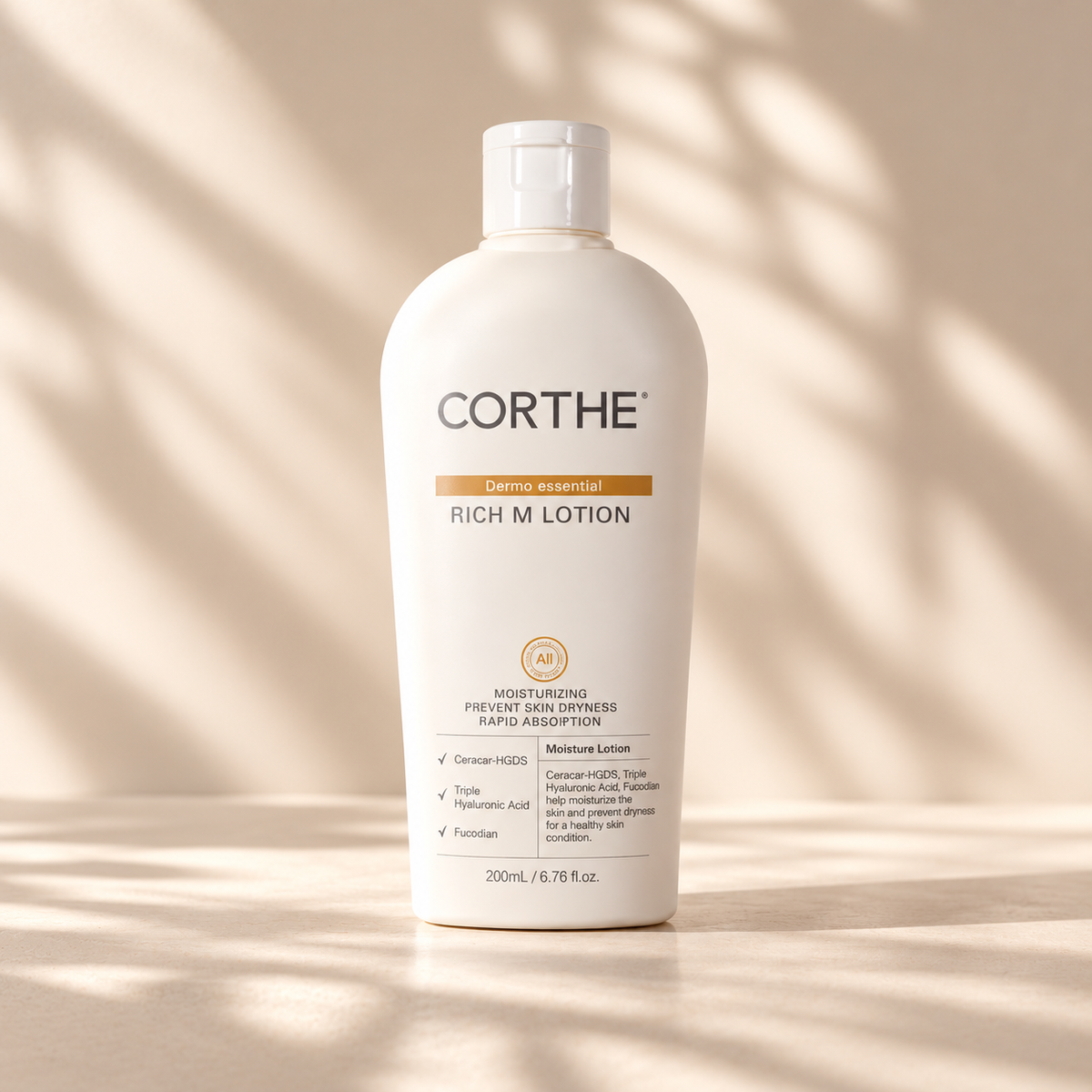 Corthe Rich M Lotion on a warm neutral background with soft natural lighting and gentle shadows, highlighting its moisturizing skincare formula.
