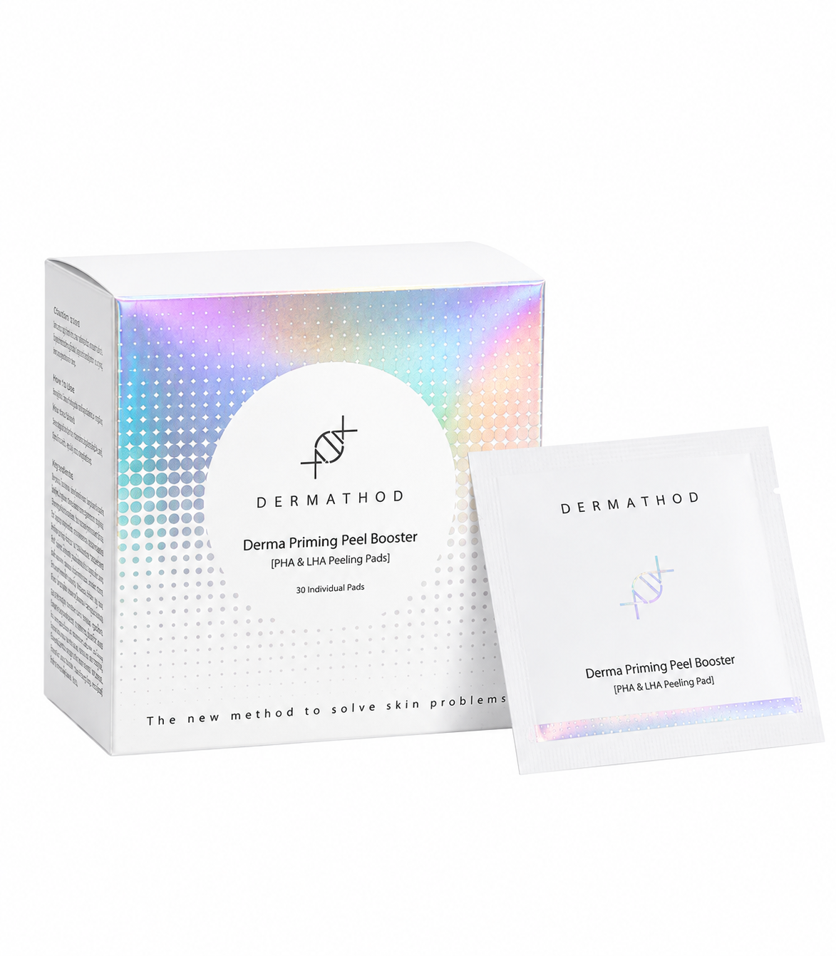Dermathod Derma Priming Peel Booster PHA and LHA peeling pads with  an individual sachet on white background