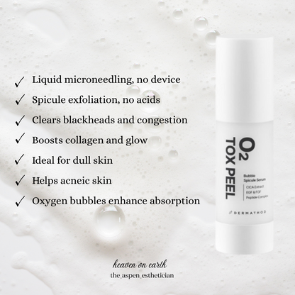 benefits of using the dermathod 02 tox peel: liquid microneedling, no device, spicule exfoliation, clears blackheads and congestion, boosts collagen and glow, ideal for dull, breakout skin, oxygen bubbles enhance absorption.