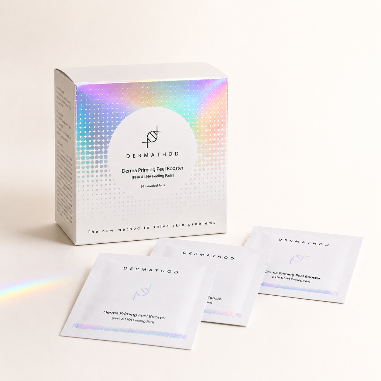 Dermathod Dermal Priming Peel Booster set, featuring a white box with a holographic gradient pattern and three individual sachets arranged in front on a clean, light beige background.