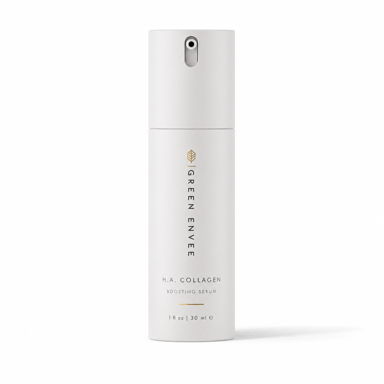 A tall, white cylindrical pump bottle of Green Envee collagen boosting serum