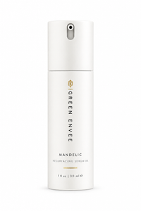 A 30 ml white cylindrical pump bottle of Green Enve Mandelic Resurfacing Serum, featuring a minimalist design with gold and black text on a clean white background.