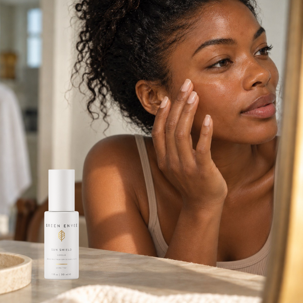 woman applying the green envee mineral spf 50 in dark 
