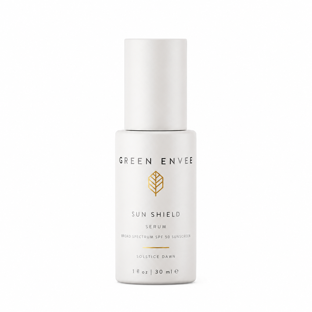 bottle of the green envee mineral spf 50 in solstice dawn on a white background 