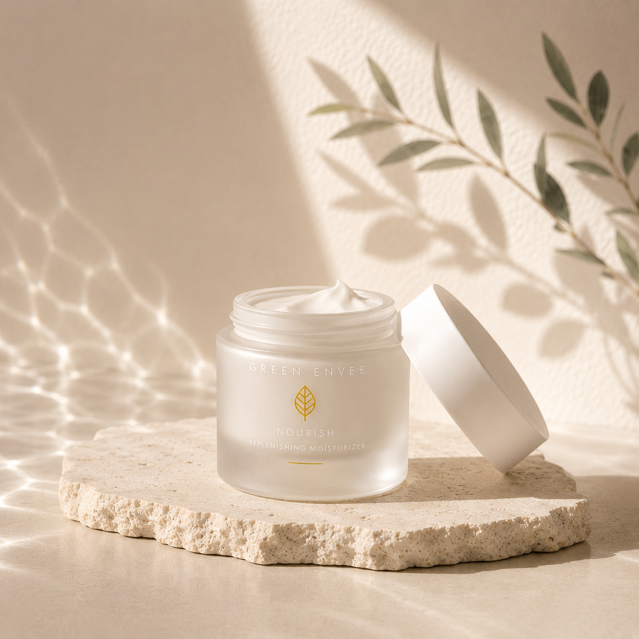 A frosted glass jar of Green Envee Face Moisturizer with its white lid resting beside it, set on a textured stone slab against a warm beige background with leaf shadows.