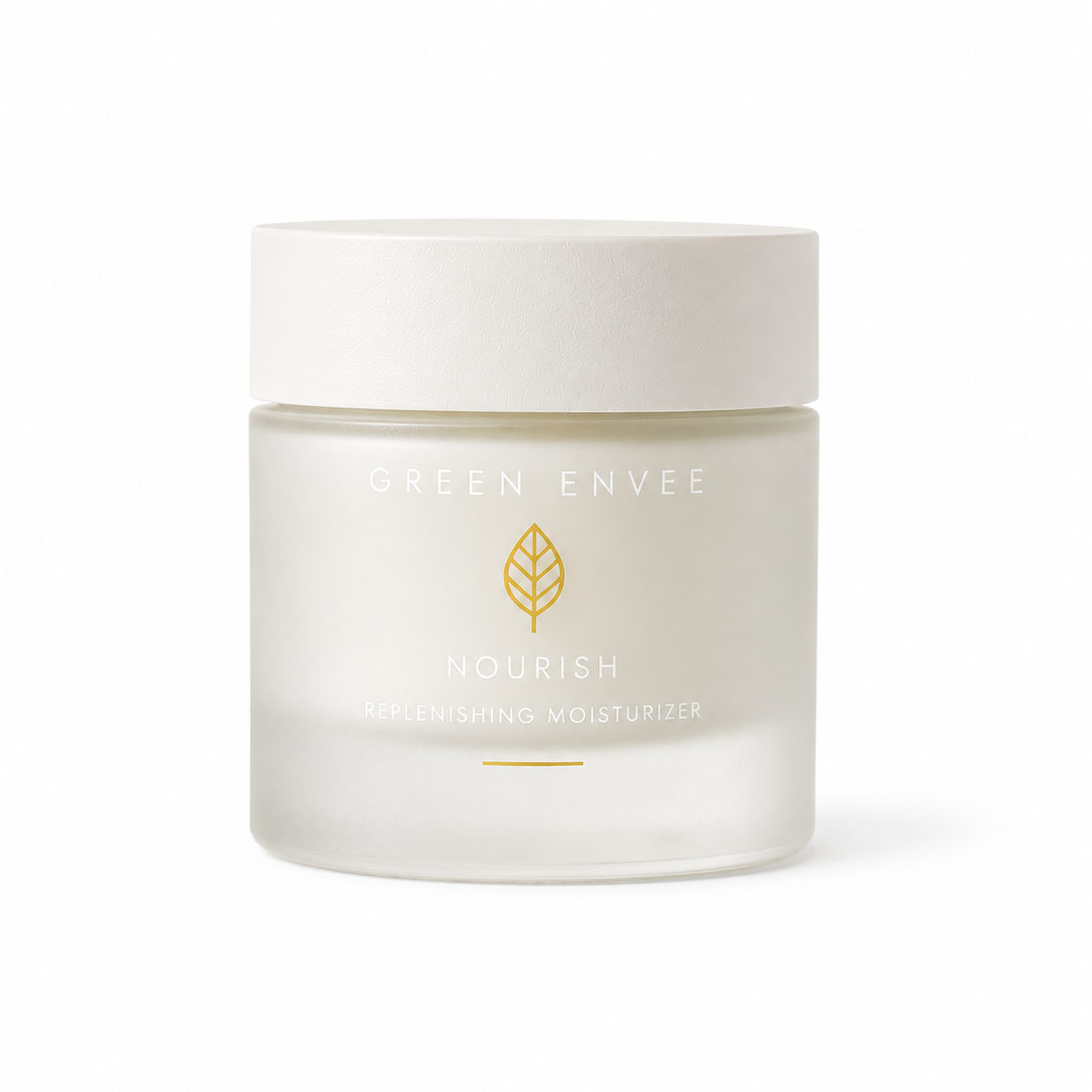 Green Envee Nourish Moisturizer in a frosted glass jar with a matte white lid, featuring a gold leaf logo on a clean white background.