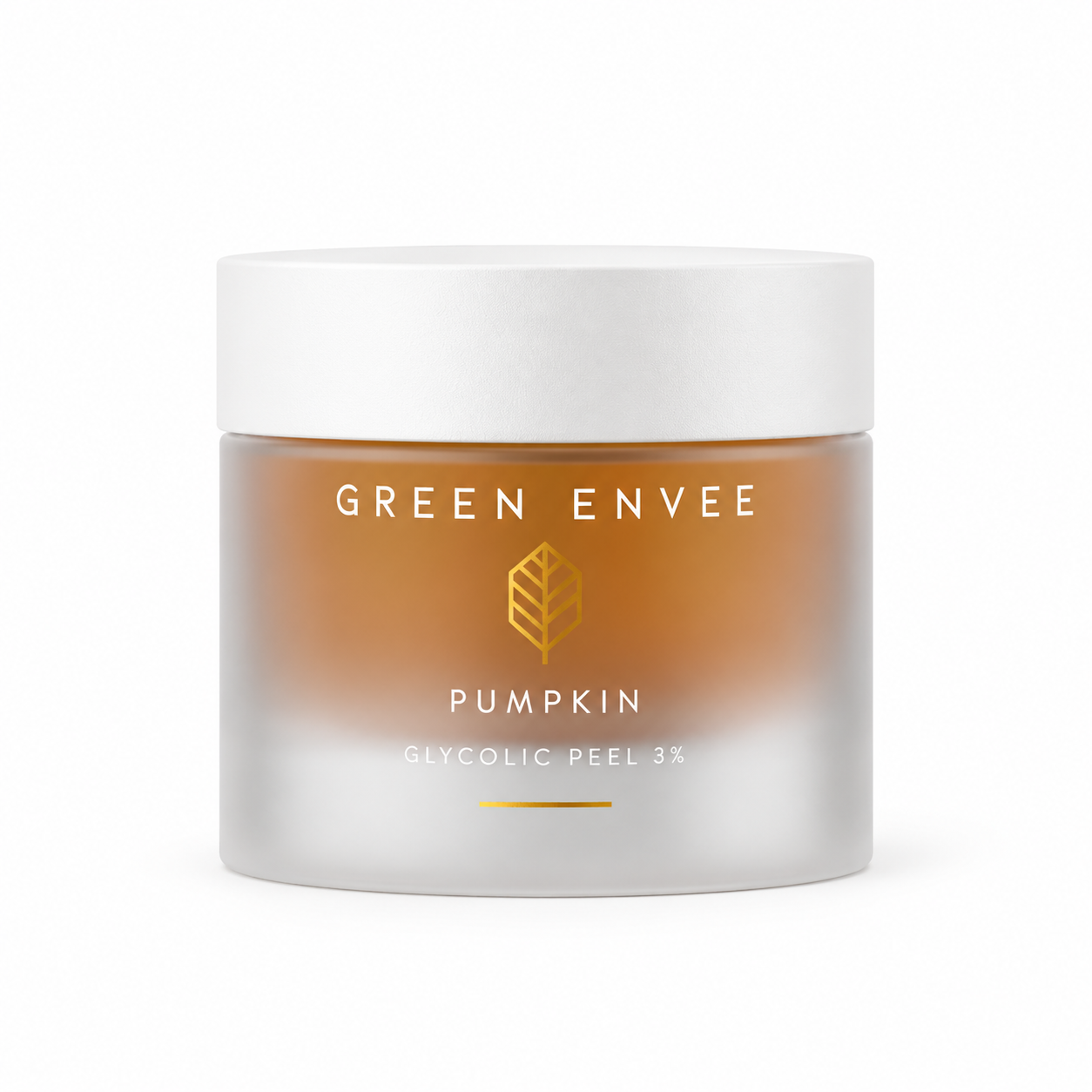 Green Envee pumpkin glycolic peel in a frosted cosmetic jar with a white cap 