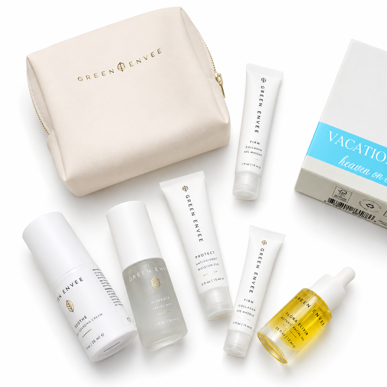 Green Envee Vacation Rescue Kit with six travel-size skincare essentials and cream travel pouch
