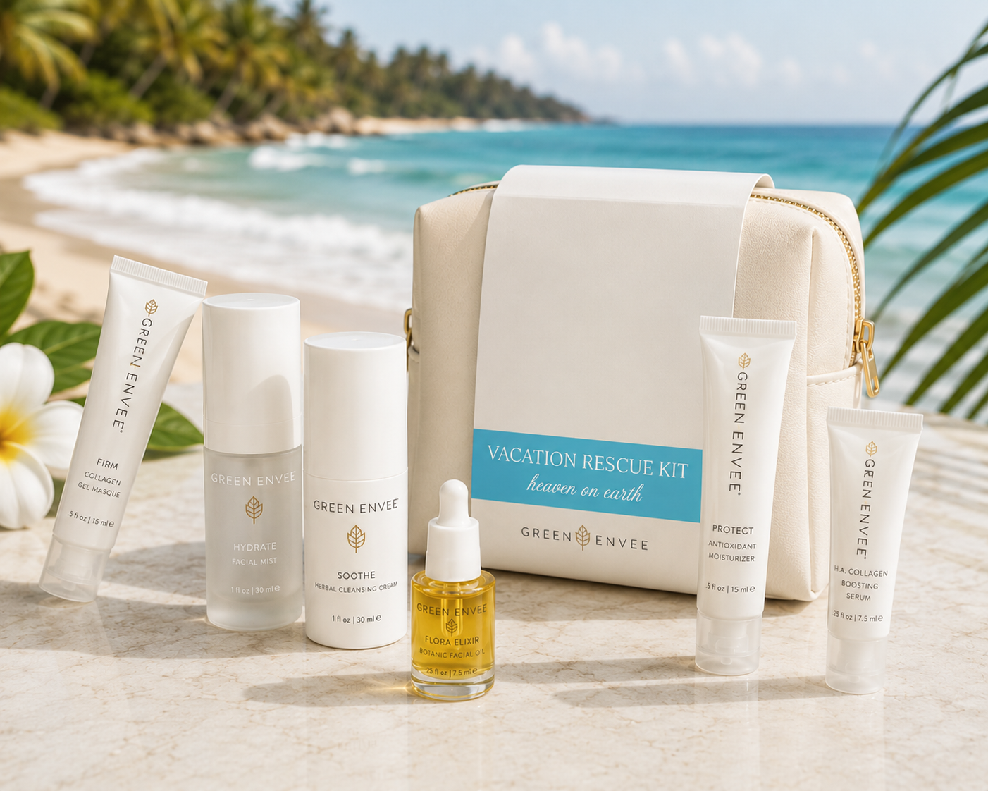 Green Enveye Vacation Rescue Kit skincare set arranged on a marble surface with a tropical beach background. The set includes SOOTHE HERBAL CLEANSING CREAM, 
HYDRATE FACIAL MIST,
FIRM COLLAGEN GEL MASQUE,
H.A. COLLAGEN BOOSTING SERUM,
PROTECT ANTIOXIDANT MOISTURIZER,
FLORA ELIXIR BOTANIC FACIAL OIL,
VEGAN LEATHER LUXE KIT BAG,

