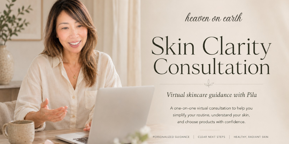 Esthetician using a laptop with text about a skin clarity consultation on a light background