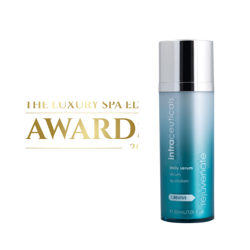 Intraceuticals Rejuvenate Daily Serum with award badge 2025 at heaven on earth aspen 