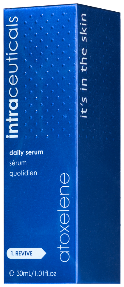 Blue box of atoxelene intraceuticals daily serum with textured surface
