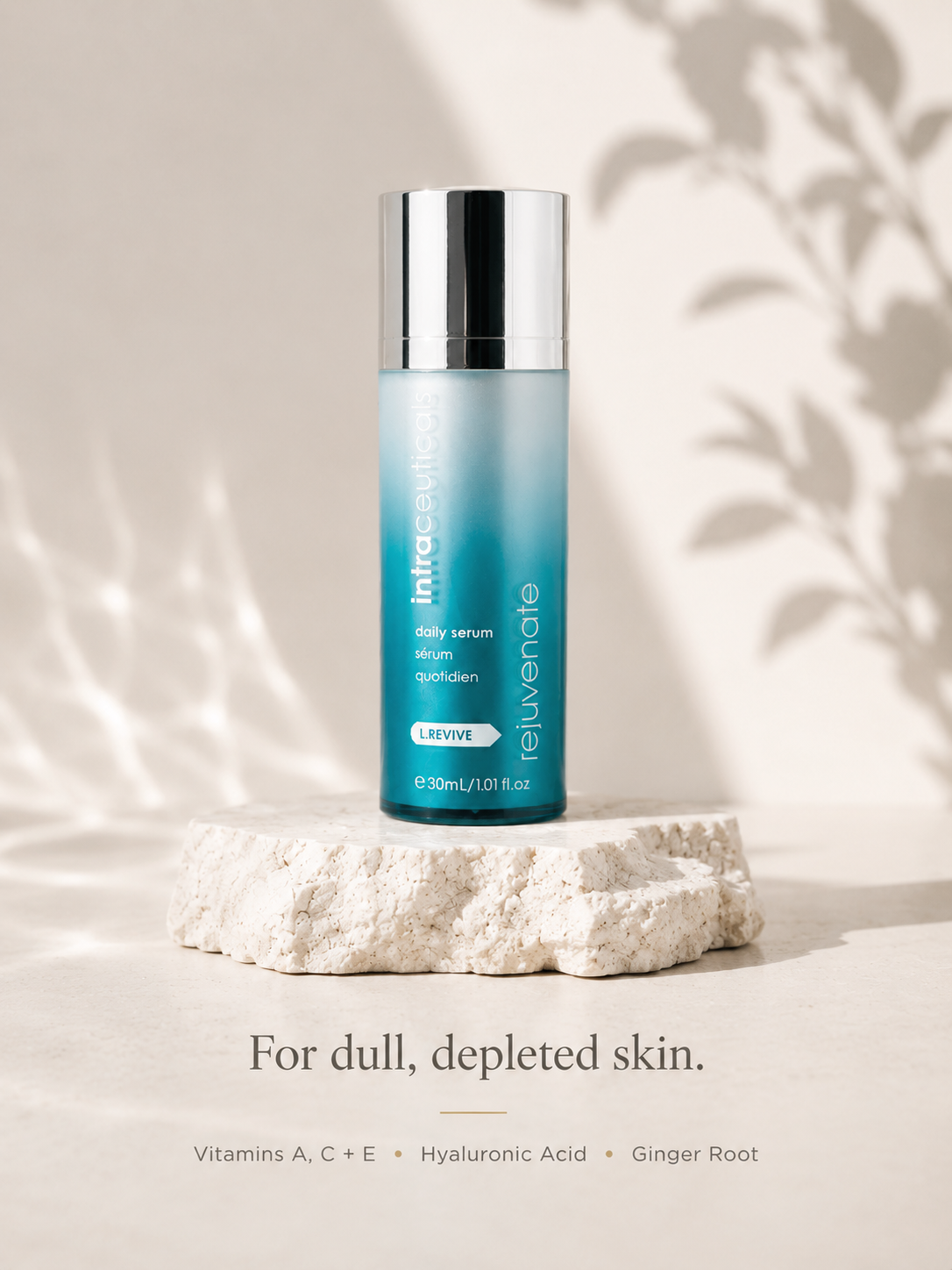 Skincare serum bottle on a light background with text about skin care benefits.