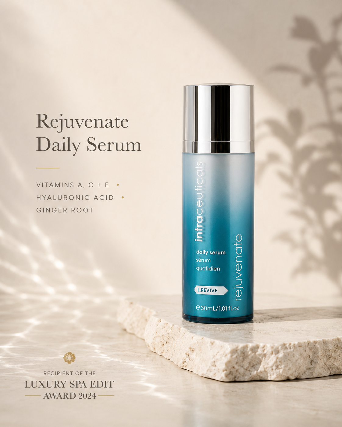 Intracelluliste Rejuvenate Daily Serum bottle on a light background