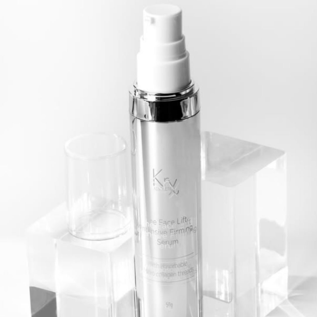 bottle of the krx the face lift intensive firming serum with acrylic blocks sold at heaven on earth aspen
