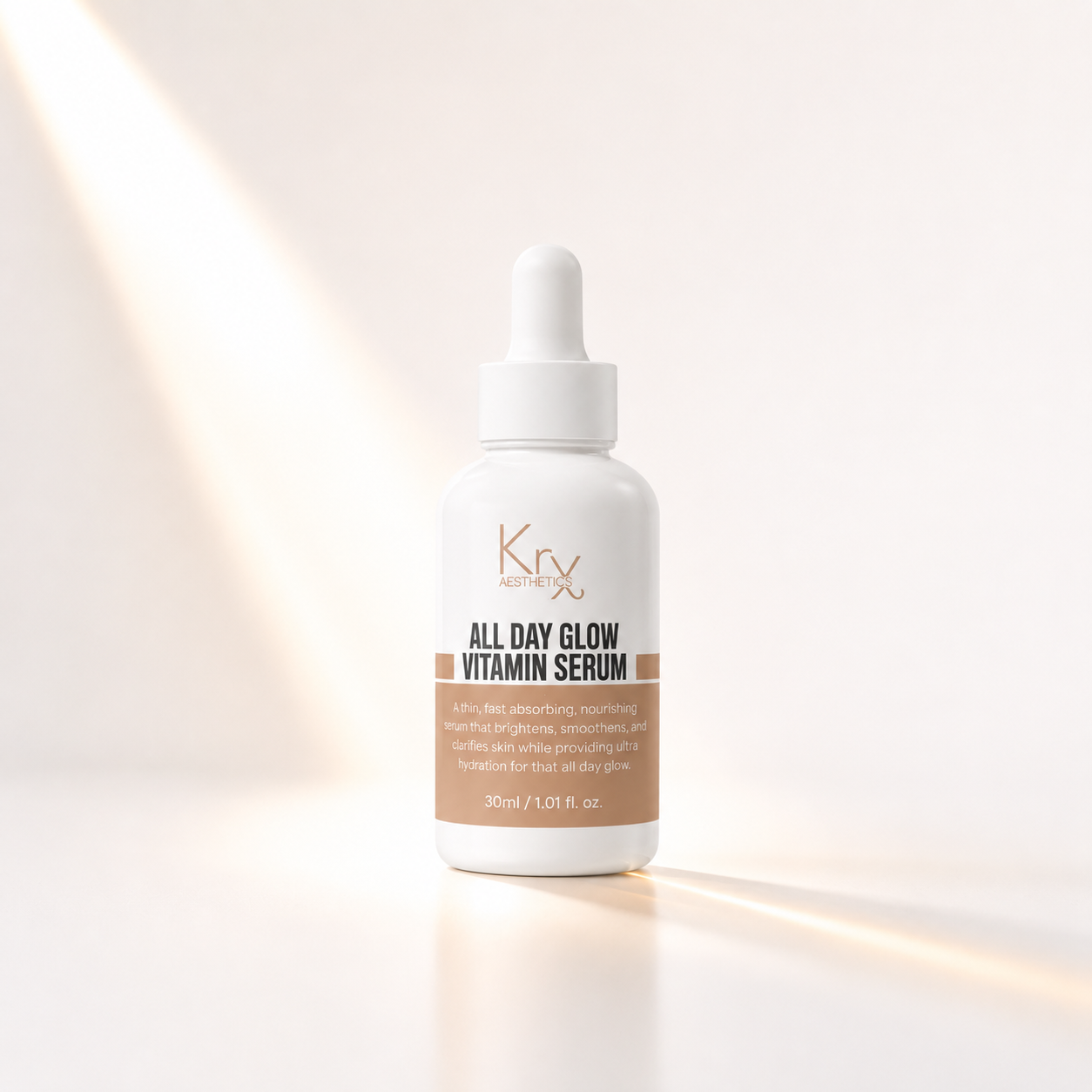 A white dropper bottle of Kx All Day Glow Vitamin Serum with a white cap, set against a warm beige background with diagonal light rays.