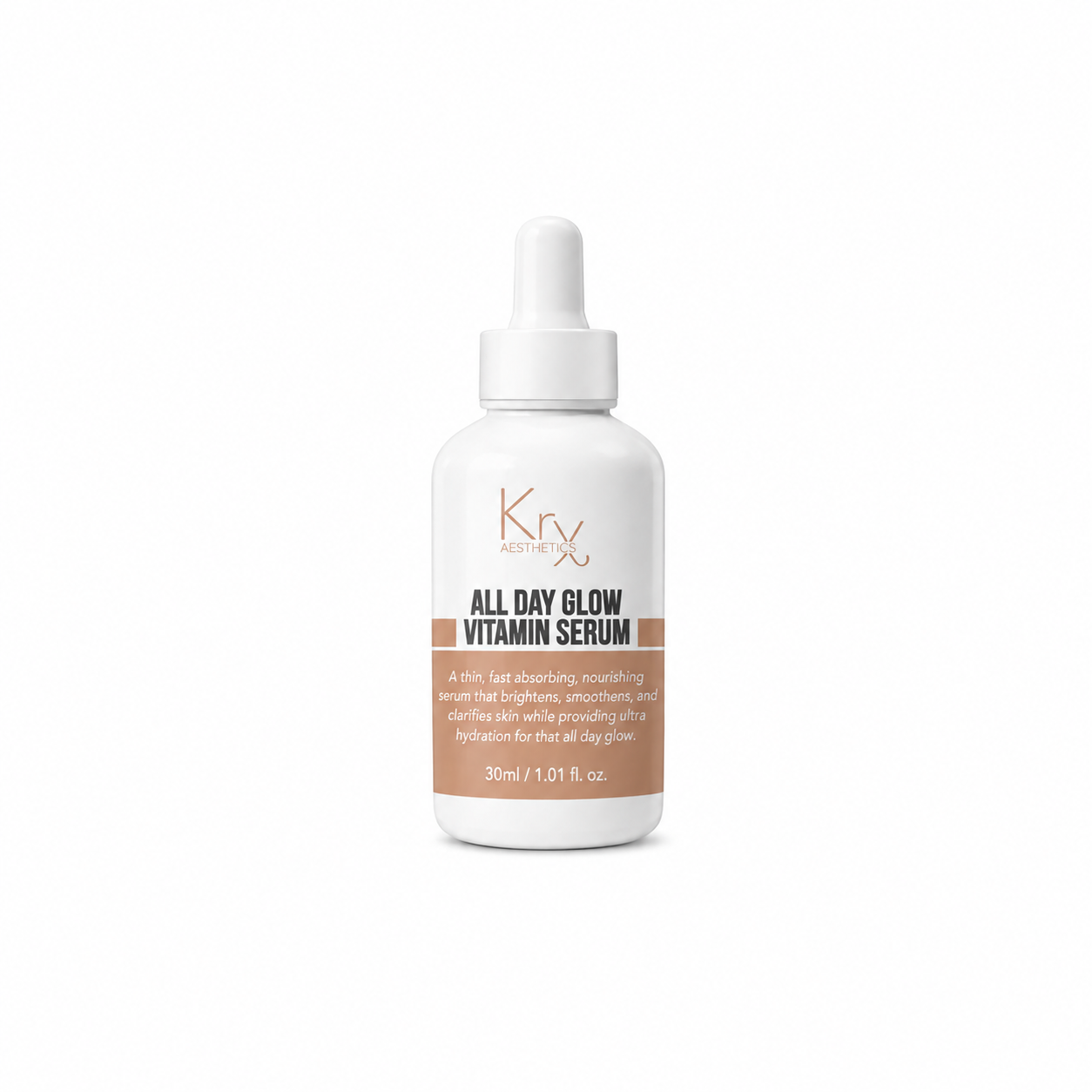 A 30ml white dropper bottle of Krx All Day Glow Vitamin Serum, featuring a clean white label with brown accents, set against a plain white background.