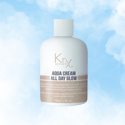 bottle of the krx all day glow aqua cream on a blue sky with clouds background available at heaven on earth aspen 