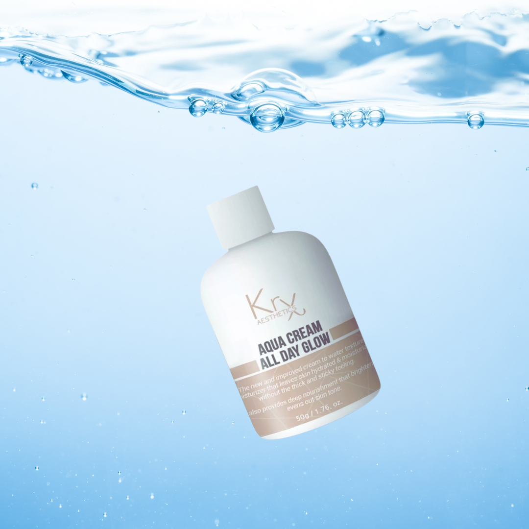 bottle of the krx aesthetics aqua cream dropped in water to show its hydrating formula available online at heaven on earth.