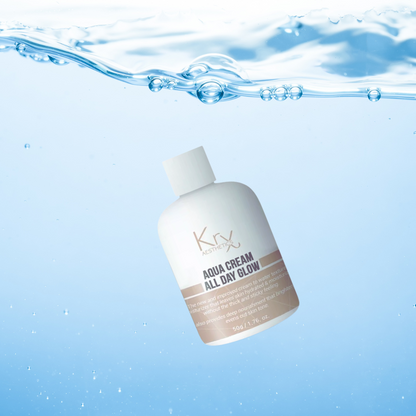 bottle of the krx aesthetics aqua cream dropped in water to show its hydrating formula available online at heaven on earth.