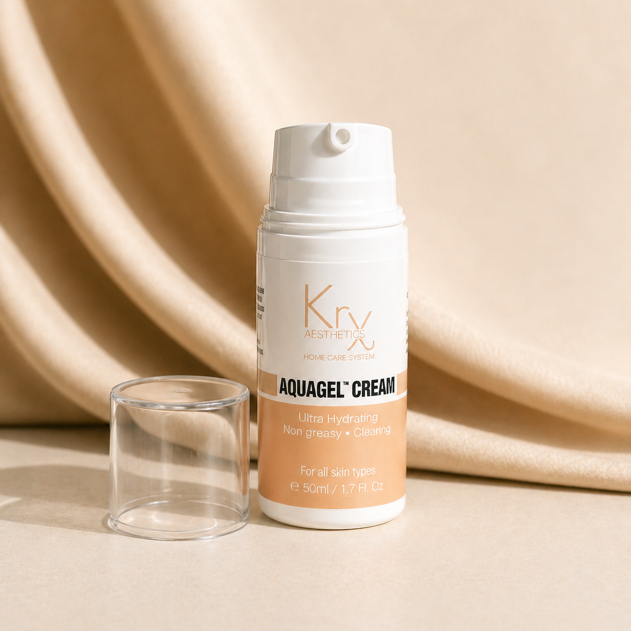Kry Aquagel Cream bottle with a glass container on a beige background