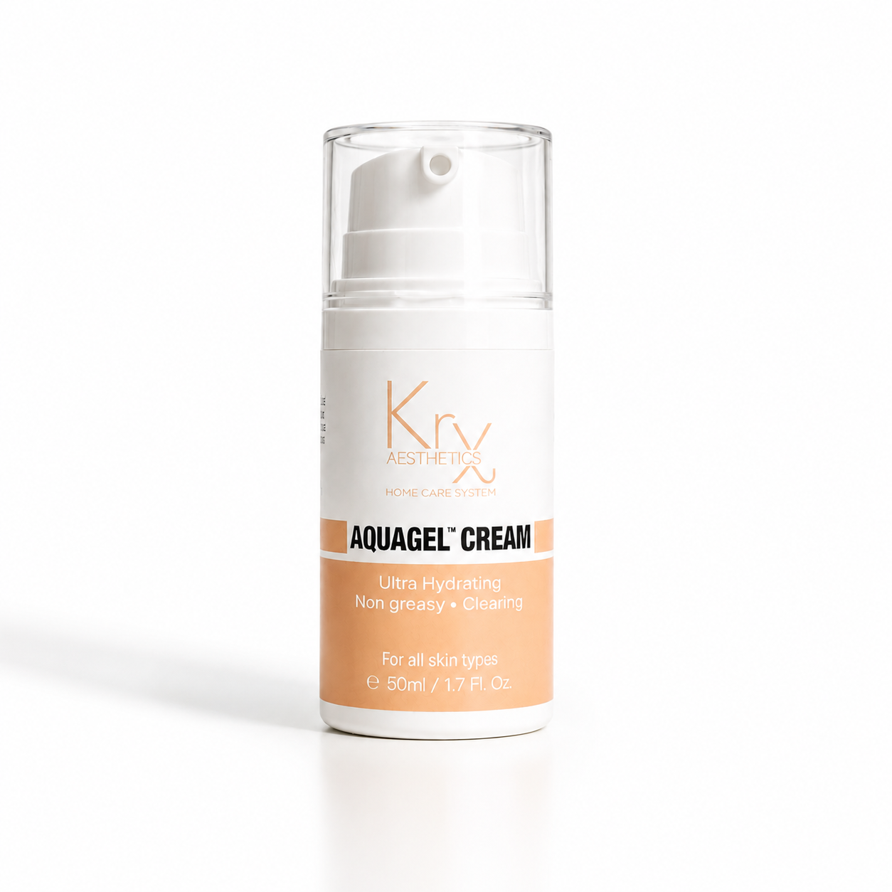 A 50ml pump bottle of Krx aqua gel cream clear cap and a peach-colored label, set against a clean white background.