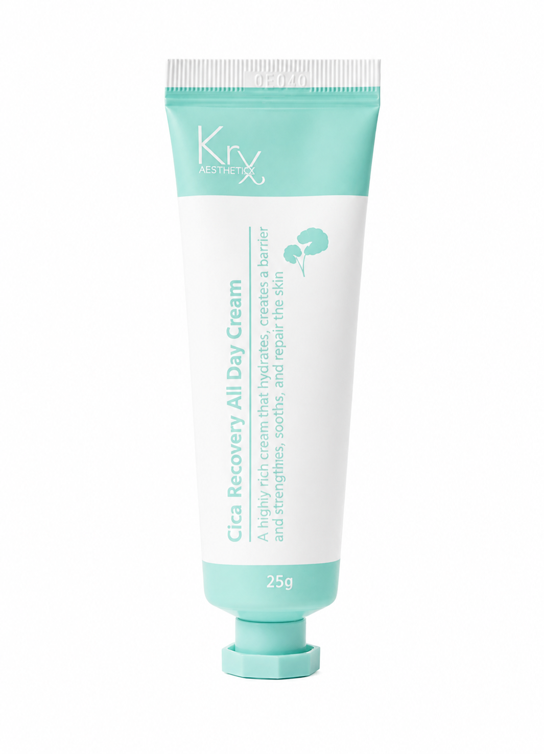 A  squeeze tube of Krx  Cica Recovery All Day Cream, featuring a white and mint green color scheme on a solid white background.