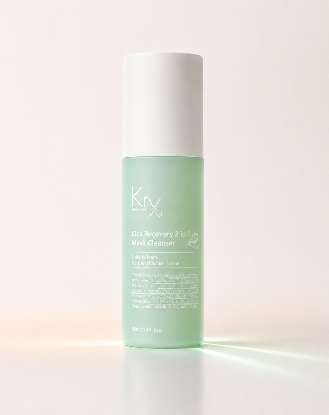 Krx Skincare Cica Recovery 2 in Cleanser in a frosted light green bottle with a white cap, set against a warm off-white background with a soft glow.
