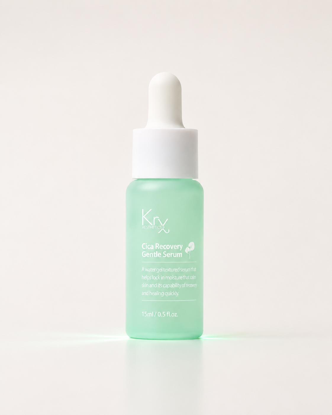 KrX Cica Recovery Gentle Serum bottle with a soft green light glowing from the base on a clean white background