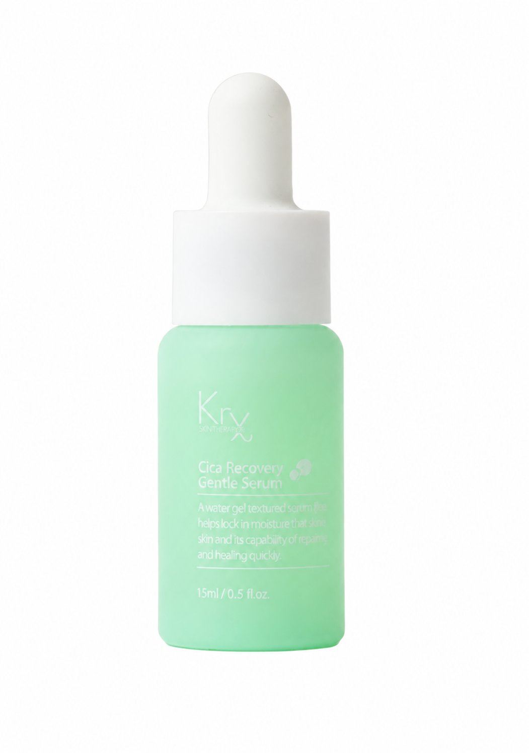 Krx Cica Recovery Gentle Serum in a frosted mint green bottle with a white dropper cap, shown on a solid white background.