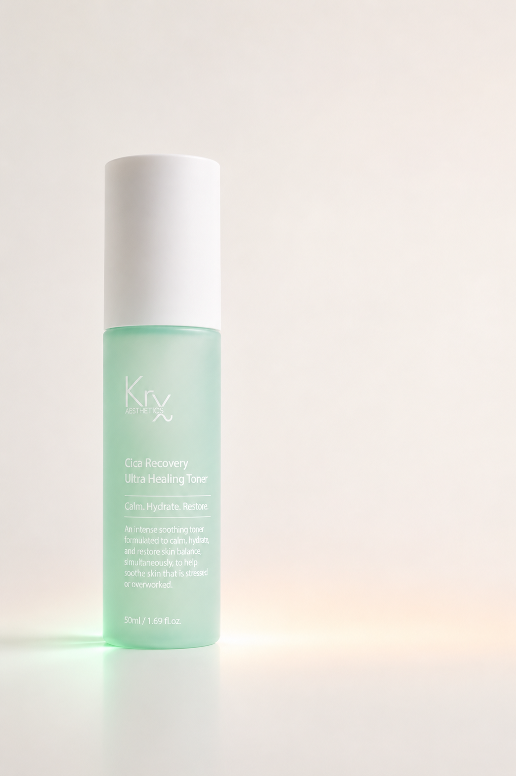 A bottle of Krx Recovery Ultra Healing toner featuring a translucent mint green bottle and a white cap, set against a clean off-white background with a soft warm glow at the base.