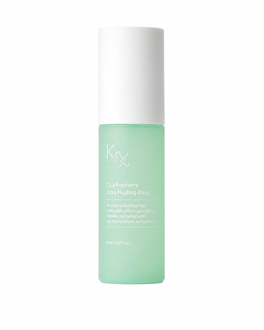 light green bottle with white cap that reads 'krx cica recovery ultra healing toner' on a white background 
