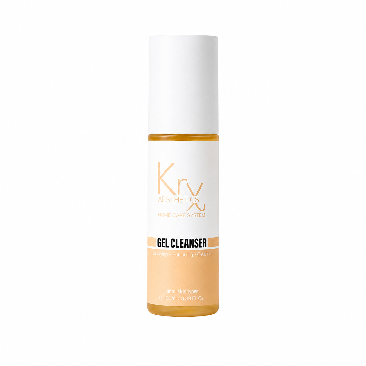 A bottle of Kry Aesthetics Gel Cleanser with a white cap and a white label featuring gold and orange text, containing a light peach-colored gel, set against a plain white background.