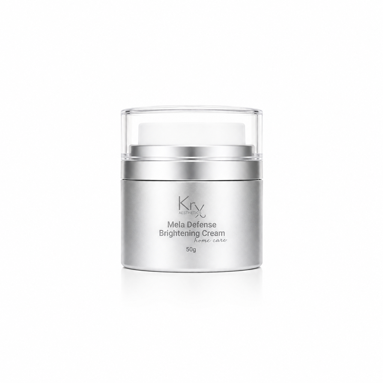A silver cosmetic jar of Krx k-beauty Mela Defense Brightening Cream with a clear lid and white cream visible inside, set against a plain white background.
