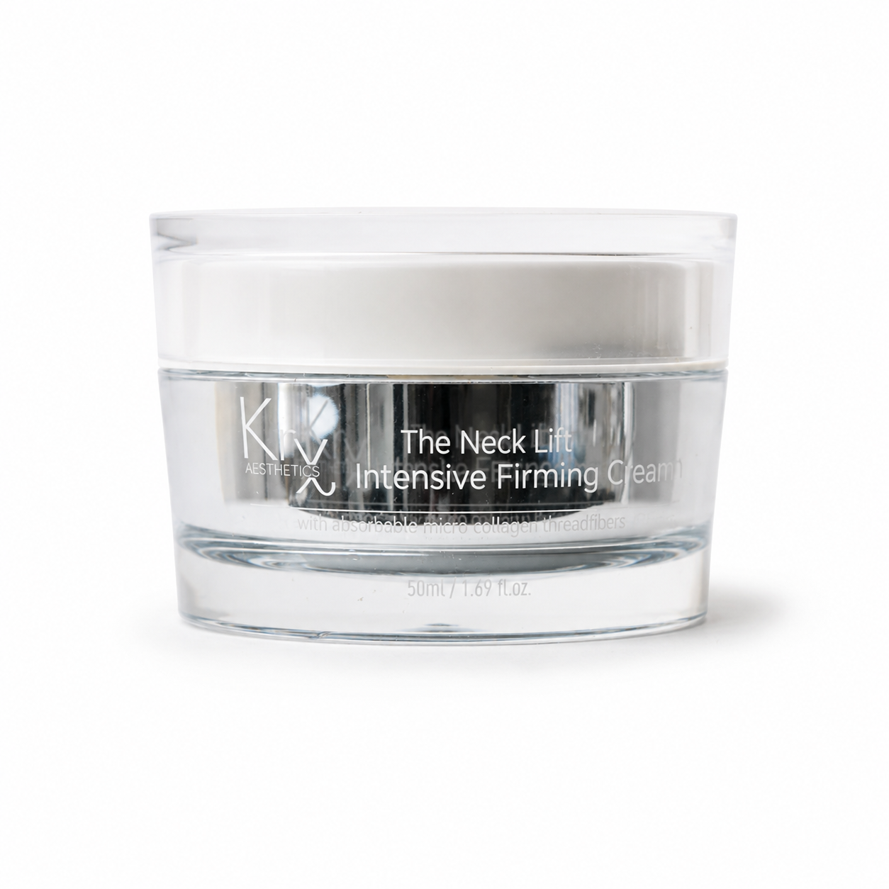 A clear cosmetic jar of K-Beauty KrX The Neck Lift Intensive Firming Cream with a white lid, set against a plain white background.