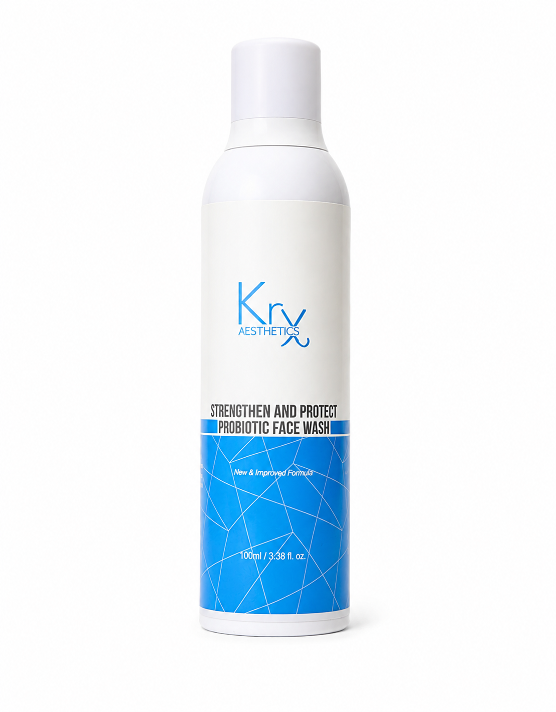 A 150ml white plastic bottle of Krx Aesthetics Strengthen and Protect Probiotic Face Wash, featuring a blue geometric pattern on the lower half of the label.