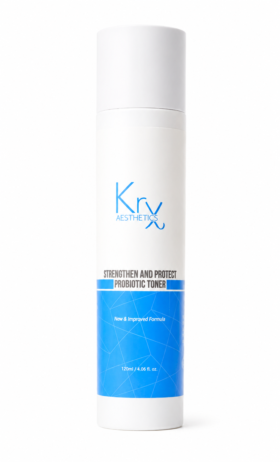 A white cylindrical bottle of Krx Aesthetics Strengthen and Protect Probiotic Toner with a blue geometric pattern band near the bottom, shown on a plain white background.