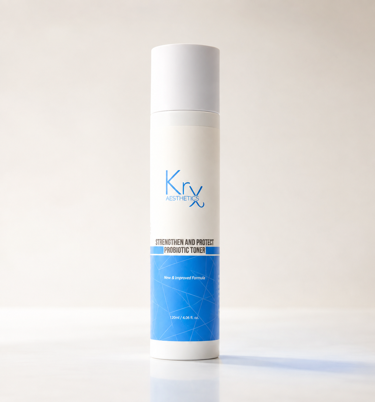 A tall white cylindrical bottle of Krx strengthen + protect Probiotic Toner with a white cap, featuring blue branding and text on a clean white background.