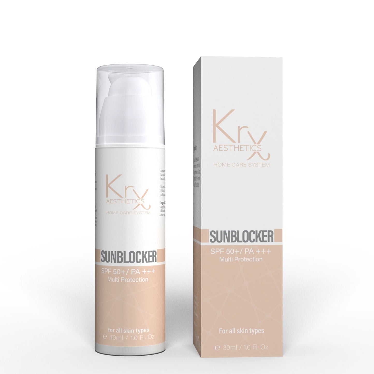 bottle and box of the krx aesthetics sunblocker spf 50 available at heaven on earth 