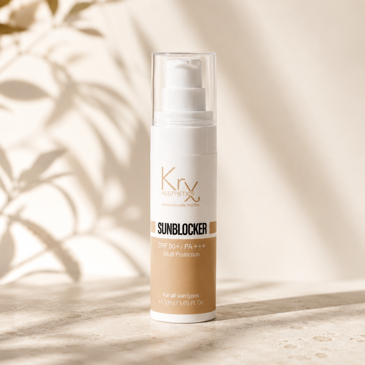 A bottle of Krx sunblocker SPF 50+ PA++++ Multi-Protection sunscreen, featuring a white and beige design with a clear cap, set against a warm beige background with soft leaf shadows.