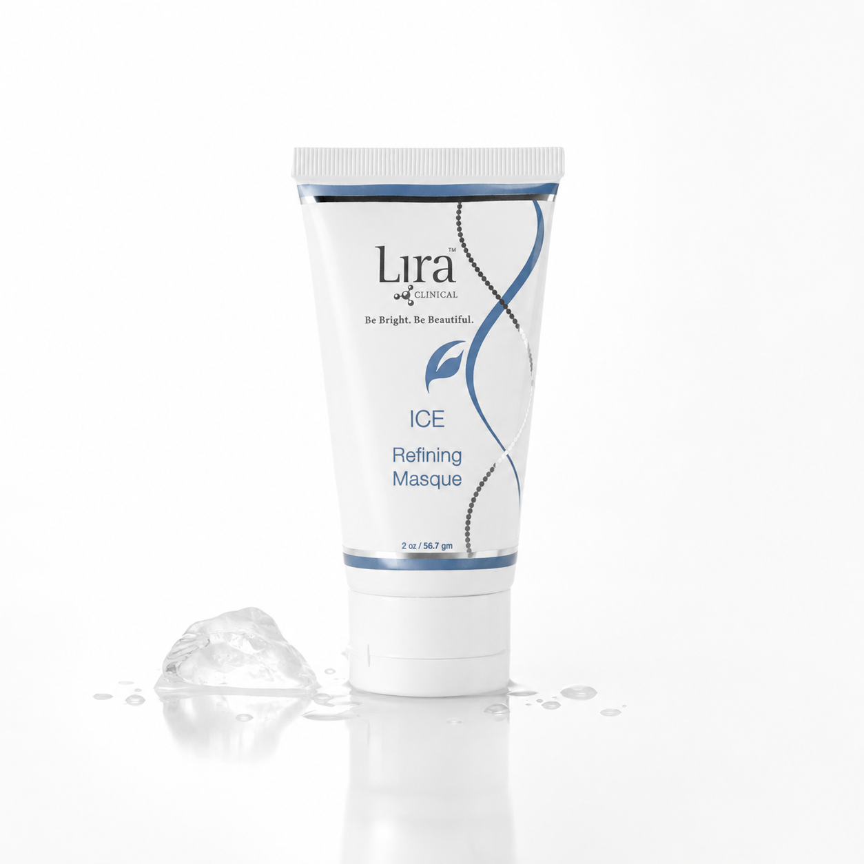 A white squeeze tube of Lira ICE Refining Masque with blue accents, shown on a clean white background with a small ice cube and liquid droplets at its base.