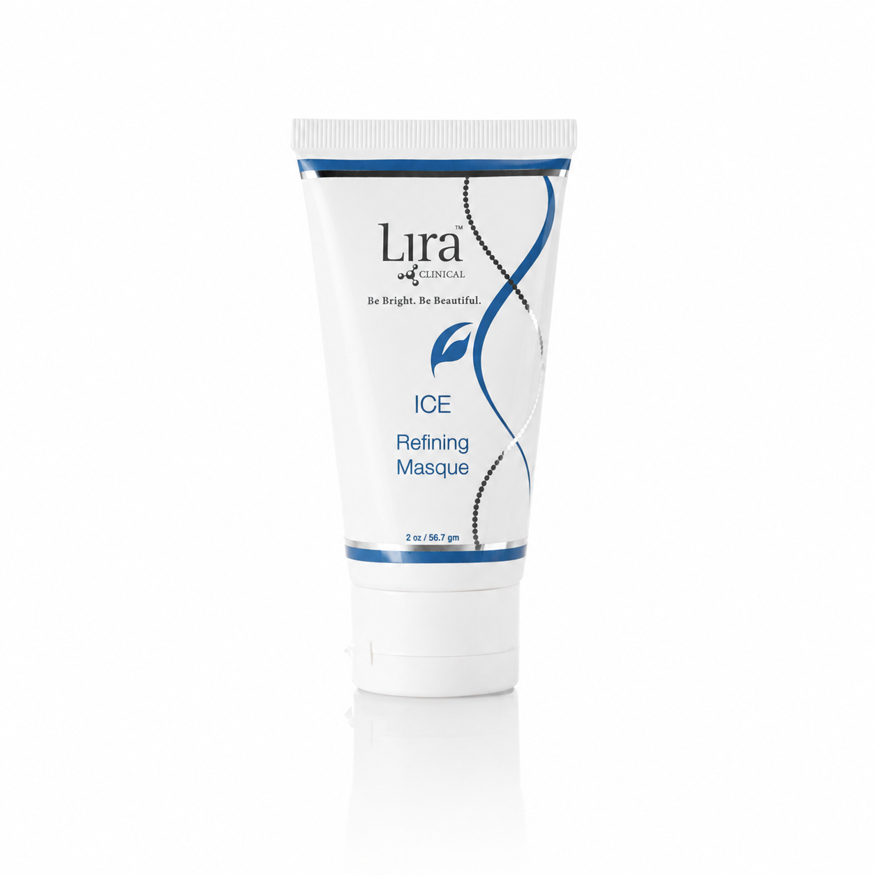 A white squeeze tube of Lira Clinical ICE Refining Masque with blue accents and text, set against a clean white background with a subtle reflection.