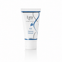 A white squeeze tube of Lira Clinical ICE Refining Masque with blue accents and text, set against a clean white background with a subtle reflection.