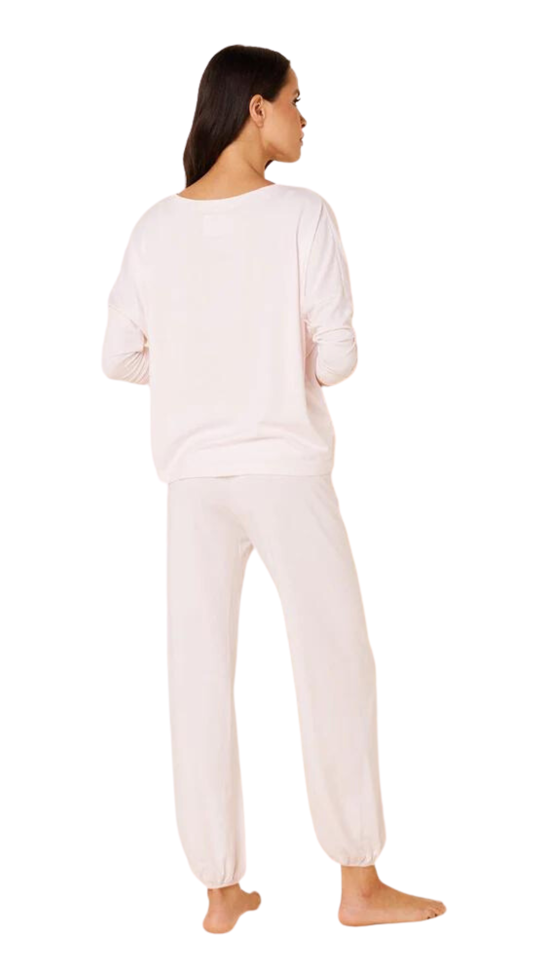 the cats pajamas classic pima knit pullover set in blush at heaven on earth shown from the back