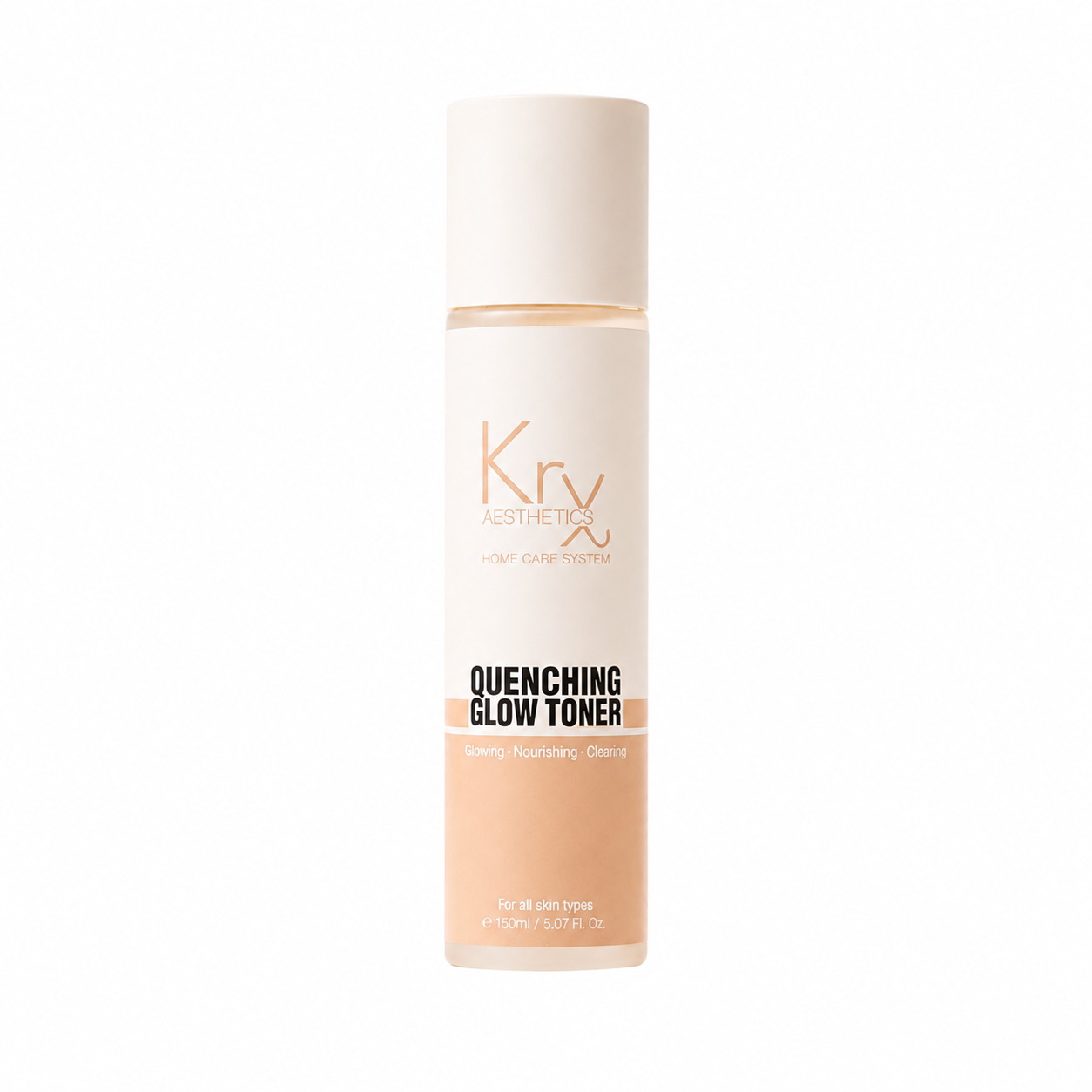 A bottle of Krx Aesthetics Quenching Glow Toner with a white cap and a beige and peach-colored label, shown against a plain white background.